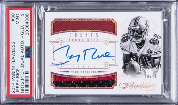 2014 Panini Flawless Greats Dual Patch Auto - Gold #30 Jerry Rice (#04/10) - PSA MINT 9
